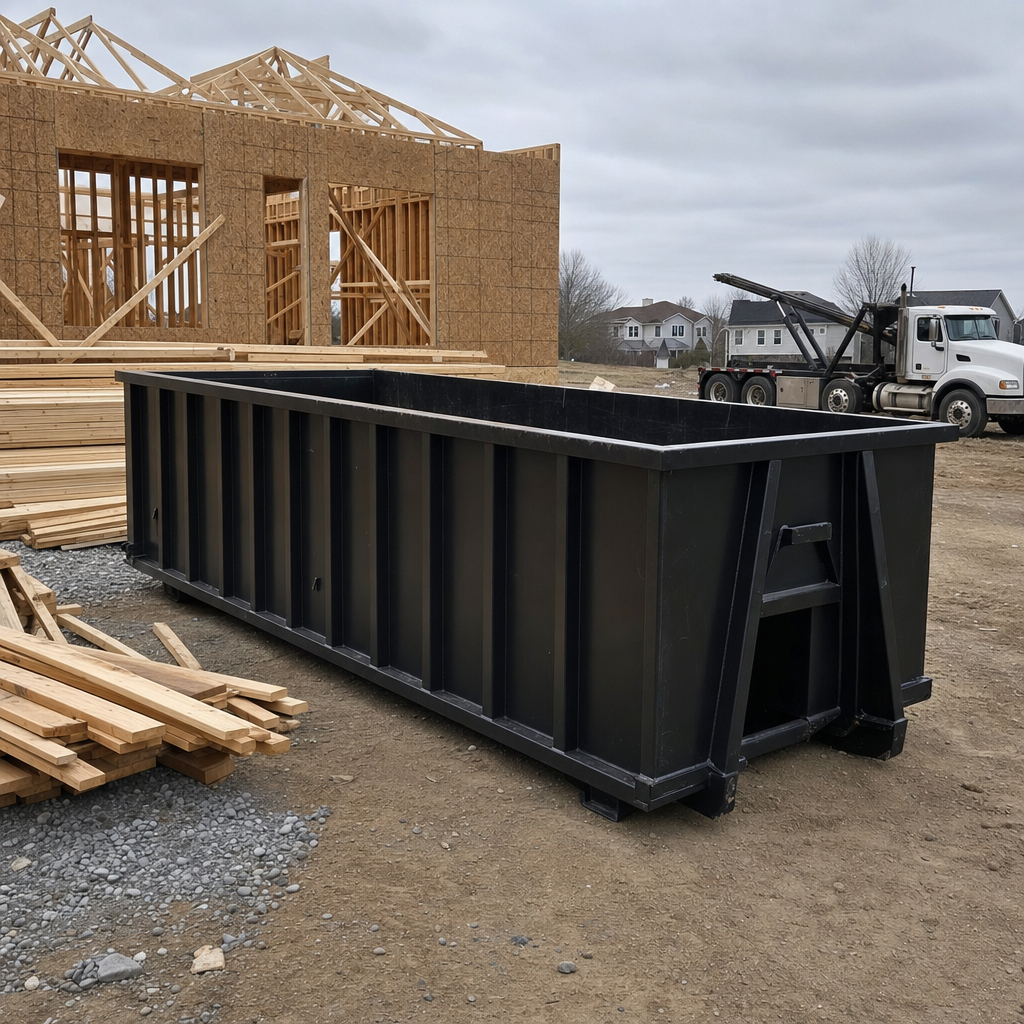 Matte-black 40-yard roll-off dumpster staged on a framed-out residential construction site in Boca Raton, framing lumber stacked nearby, hooklift delivery truck visible in the background under bright Colorado daylight