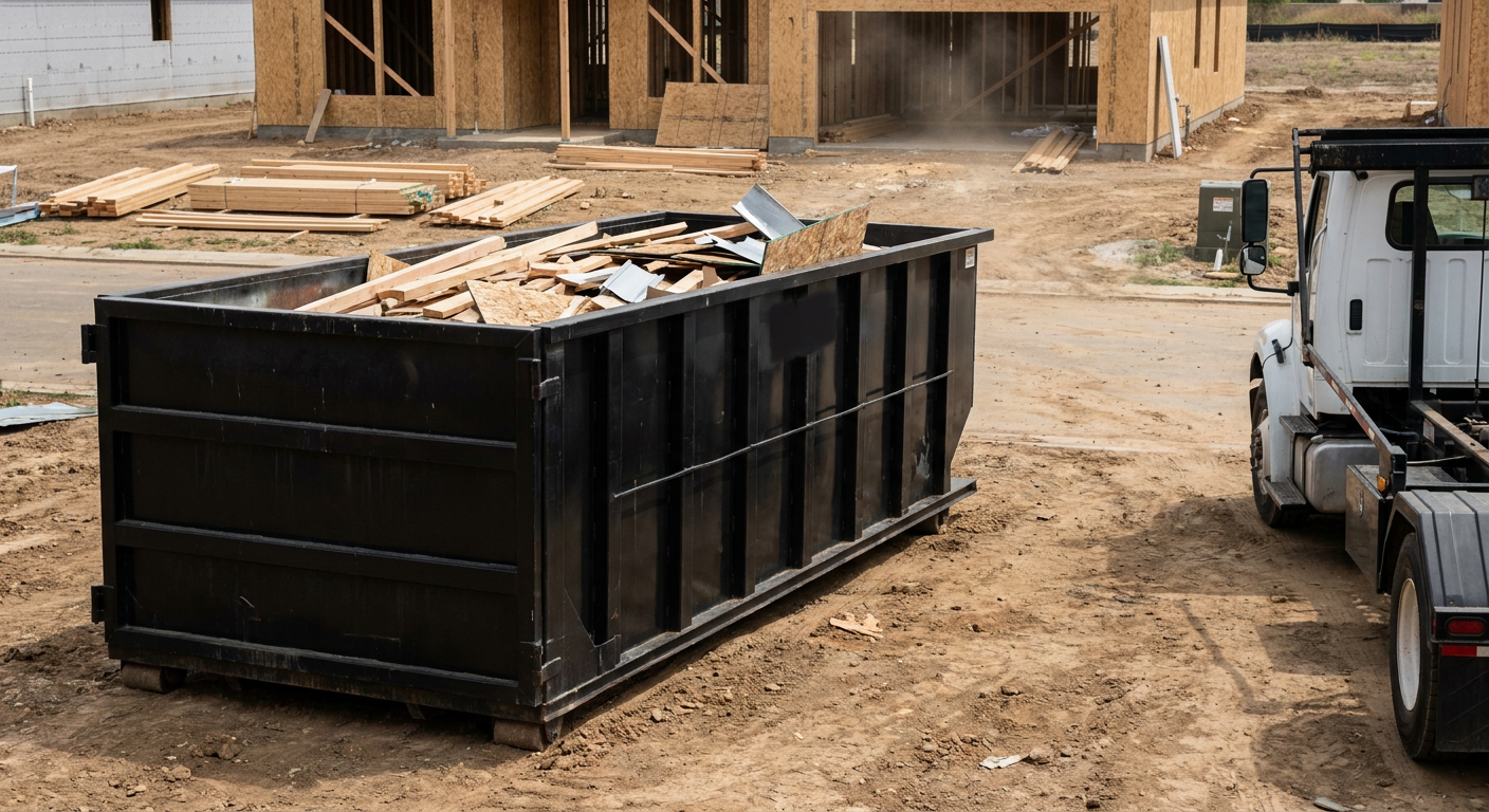 Matte-black 20-yard roll-off construction dumpster with heavy ribbed steel sidewalls and swing rear doors at a working jobsite in Boca Raton, sitting directly on compacted dirt with an unmarked white hauler partially visible at the far edge of the frame.
