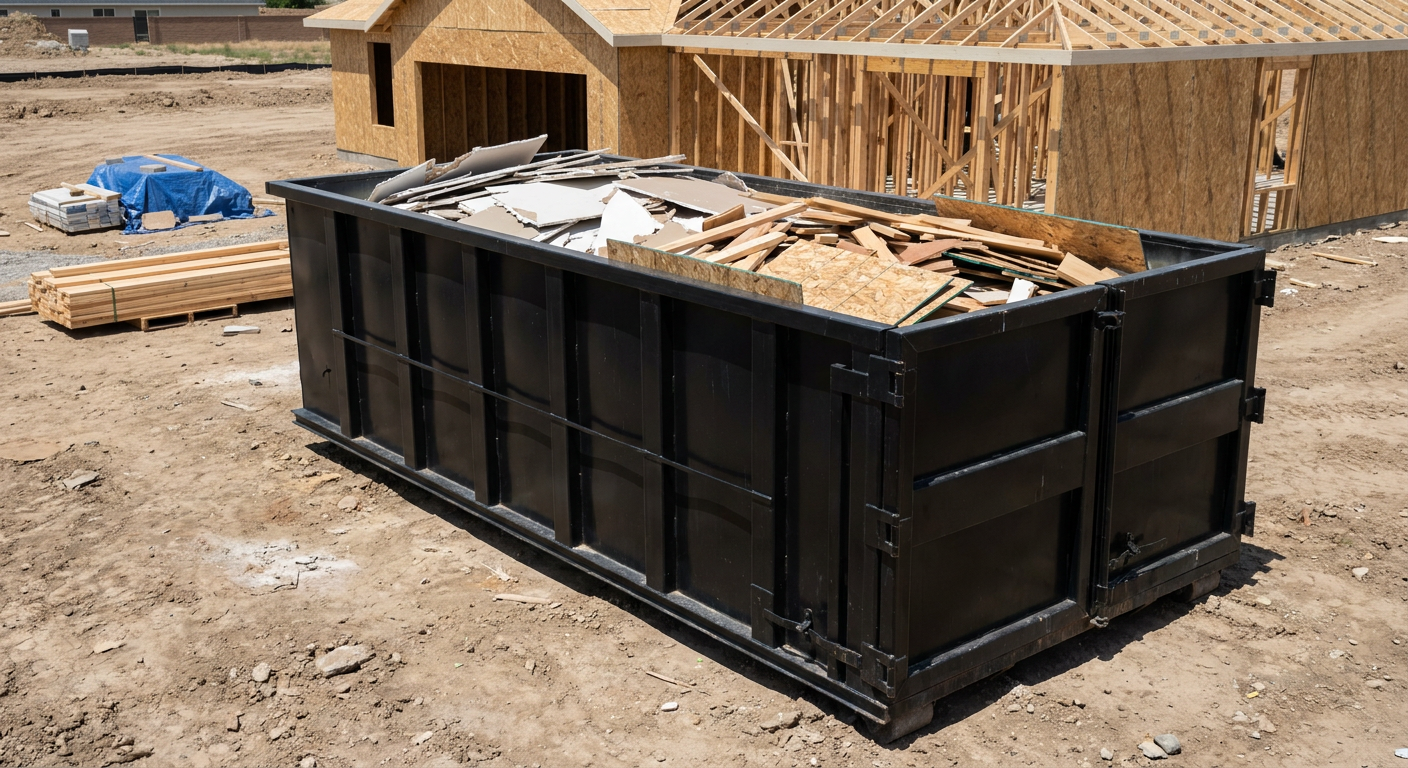 Matte-black 30-yard roll-off construction dumpster sitting directly on the compacted-dirt site of a framed single-family home build in Boca Raton, drywall and lumber scrap loaded inside.