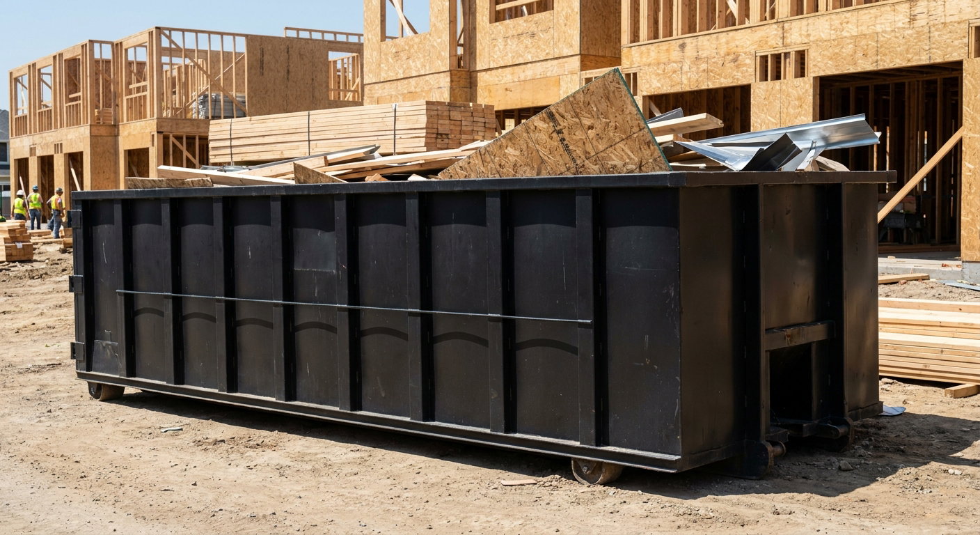 Matte-black 40-yard roll-off construction dumpster being lowered from a white-cab hooklift delivery truck onto the compacted-dirt jobsite at a commercial build site in Boca Raton