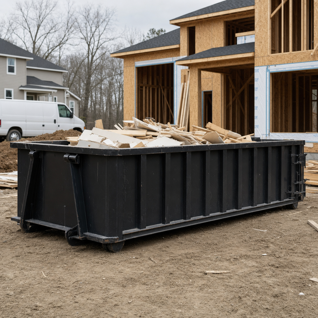 Worker in a yellow high-visibility vest tossing framing lumber and broken drywall into a matte-black 30-yard construction roll-off dumpster on an active build site in Boca Raton, bright daylight
