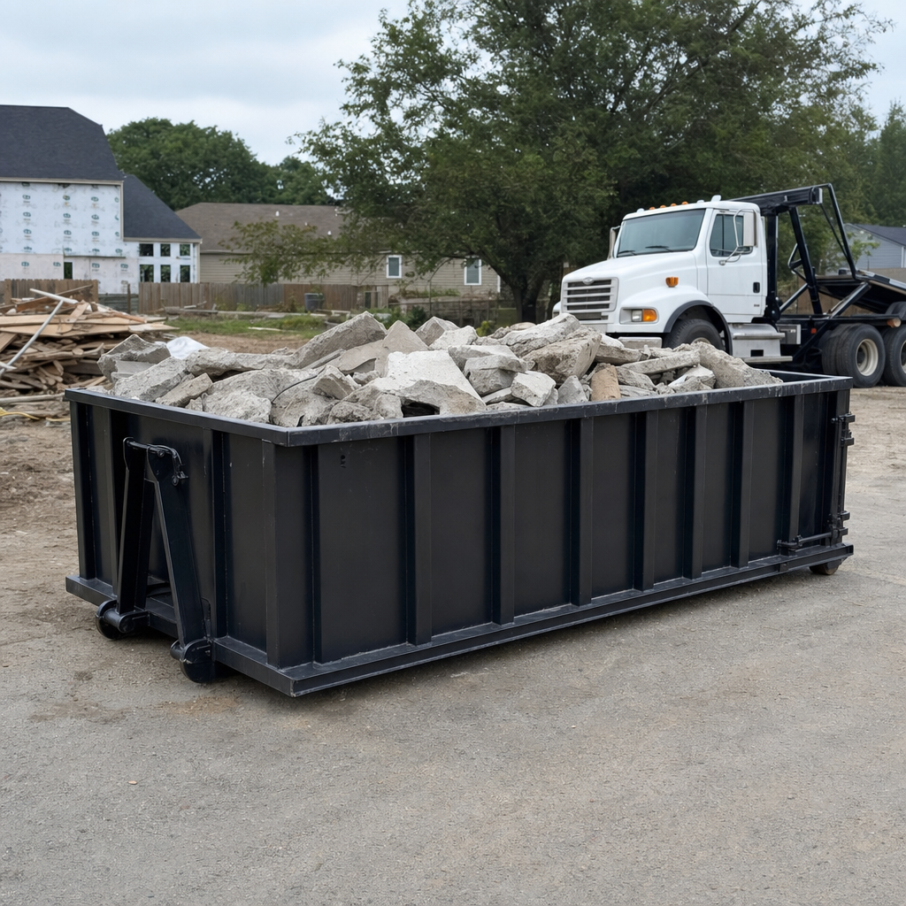 Low-profile matte-black lowboy roll-off dumpster loaded with broken concrete slab and rebar at a foundation tear-out in Boca Raton, skid steer parked beside it, sunny Colorado morning