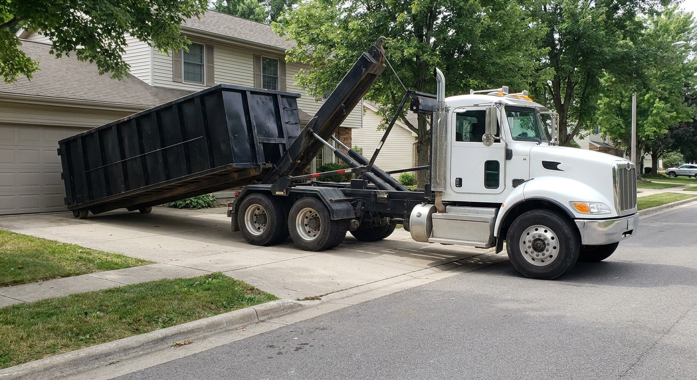 White-cab hooklift roll-off truck actively lowering a matte-black dumpster onto a Boca Raton residential concrete driveway, the dumpster's rear wheels touching the driveway as the hoist arm tilts the bed forward, mid-morning daylight.
