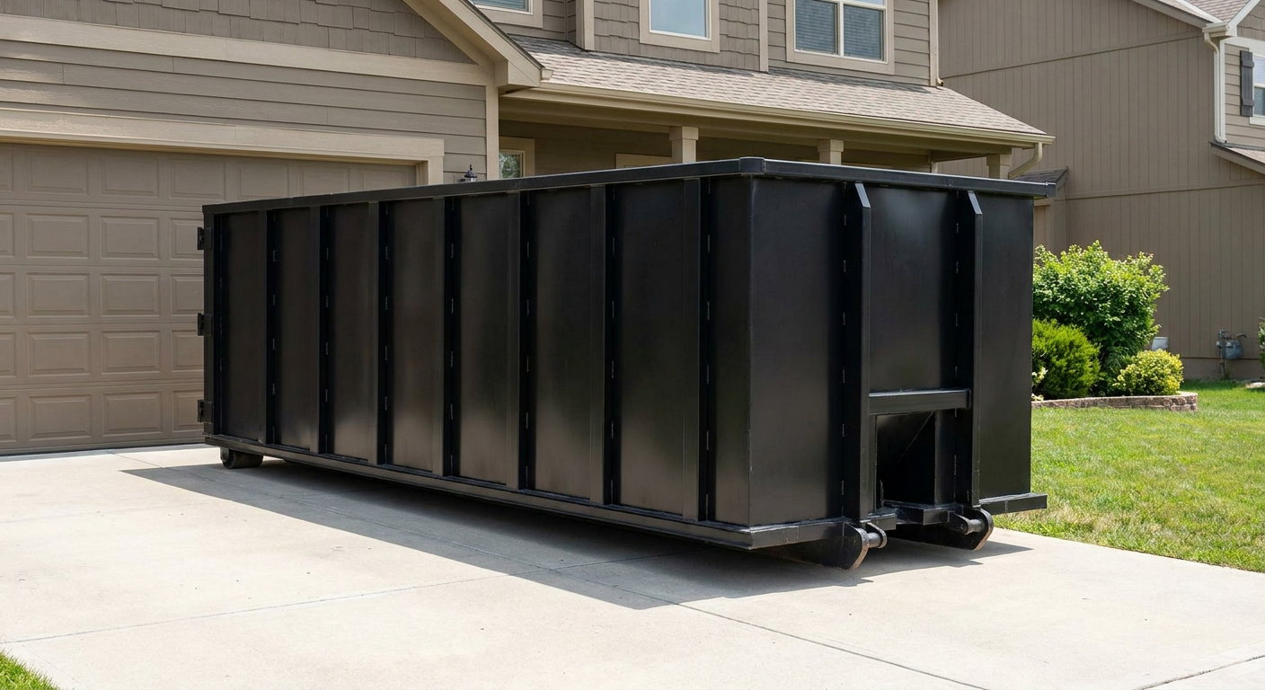 Matte-black residential roll-off dumpster sitting directly on a suburban Boca Raton concrete driveway, garage door closed, single-family home in background, bright morning daylight.