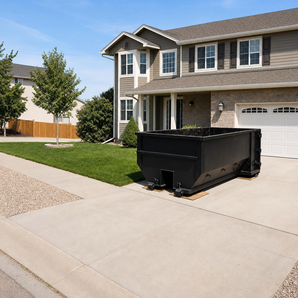 10-yard matte-black residential dumpster placed directly on a narrow Boca Raton concrete driveway, room remains for a parked sedan beside it, mid-morning natural light