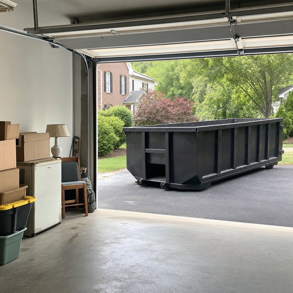 Open garage interior in a Boca Raton home mid-cleanout — boxed items, an old appliance, and stacked yard tools queued near the driveway for a matte-black roll-off dumpster, organized and calm