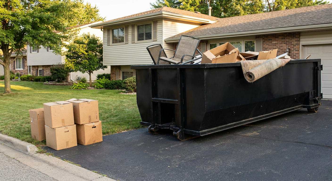 Front-yard view of a Boca Raton split-level home with a 20-yard matte-black roll-off dumpster sitting directly on the asphalt driveway, a few clearly labeled donation boxes staged at the curb, calm sunny afternoon.