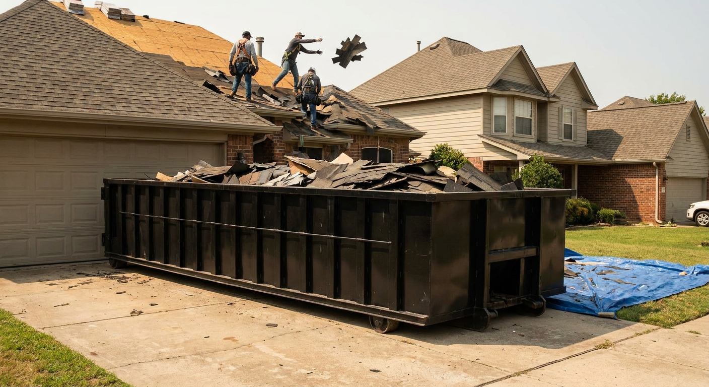Matte-black roofing roll-off dumpster placed directly on a Boca Raton residential concrete driveway, a tear-off crew on a two-story asphalt-shingle roof tossing shingle bundles into the low-walled container, bright daylight, documentary 35mm perspective.