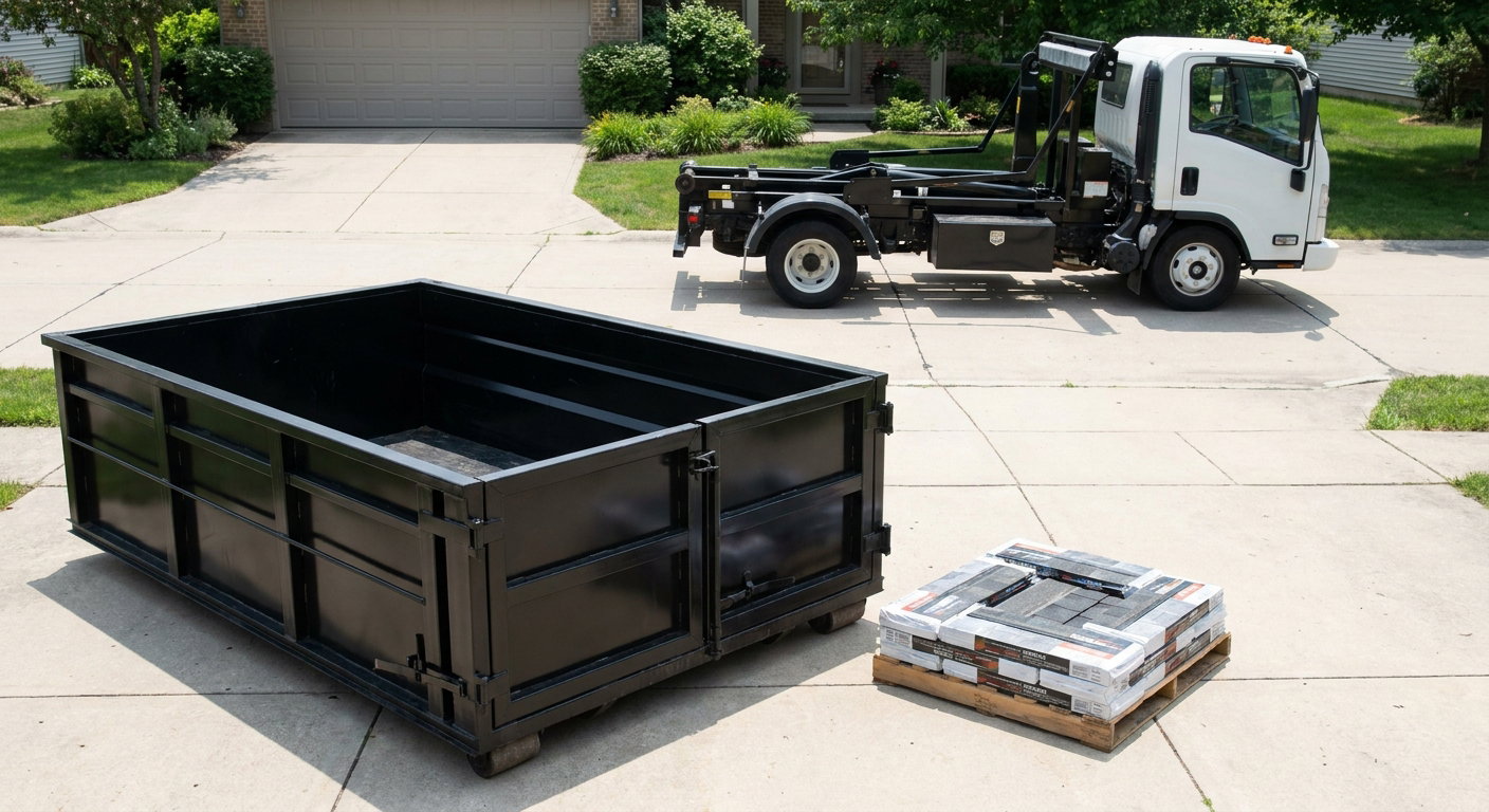 Matte-black 15-yard roofing roll-off dumpster with reinforced low side walls sitting directly on a Boca Raton residential concrete driveway, three-tab asphalt shingle bundles stacked nearby, an unmarked white hauler truck partially visible at the edge of the frame.