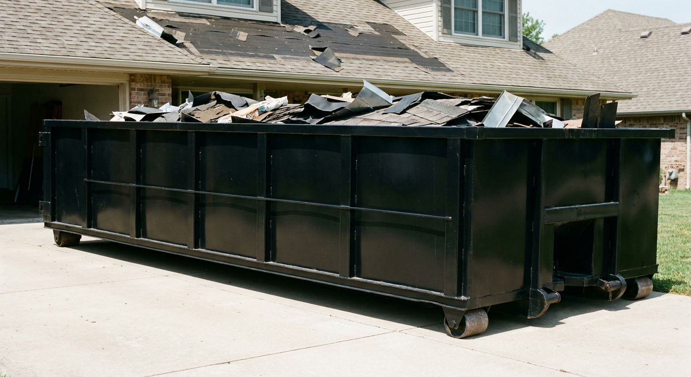 Matte-black 20-yard roofing roll-off dumpster with steel ribbed sides and swinging rear door, sitting directly on the concrete driveway of a two-story Boca Raton home, asphalt shingle debris being loaded over the low wall, clean documentary lighting.