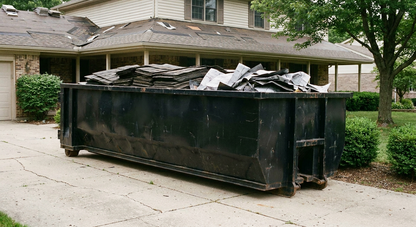 Matte-black 30-yard roofing roll-off dumpster sitting directly on a Boca Raton concrete driveway, taller ribbed steel side panels, mixed tear-off debris of asphalt shingles and underlayment inside, professional documentary daylight.