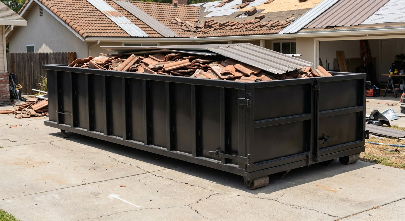 Matte-black low-wall heavy-debris roofing roll-off dumpster sitting directly on a Boca Raton concrete driveway, broken concrete clay roof tiles and metal panel sections loaded inside, reinforced ribbed steel side walls visible, bright outdoor daylight.