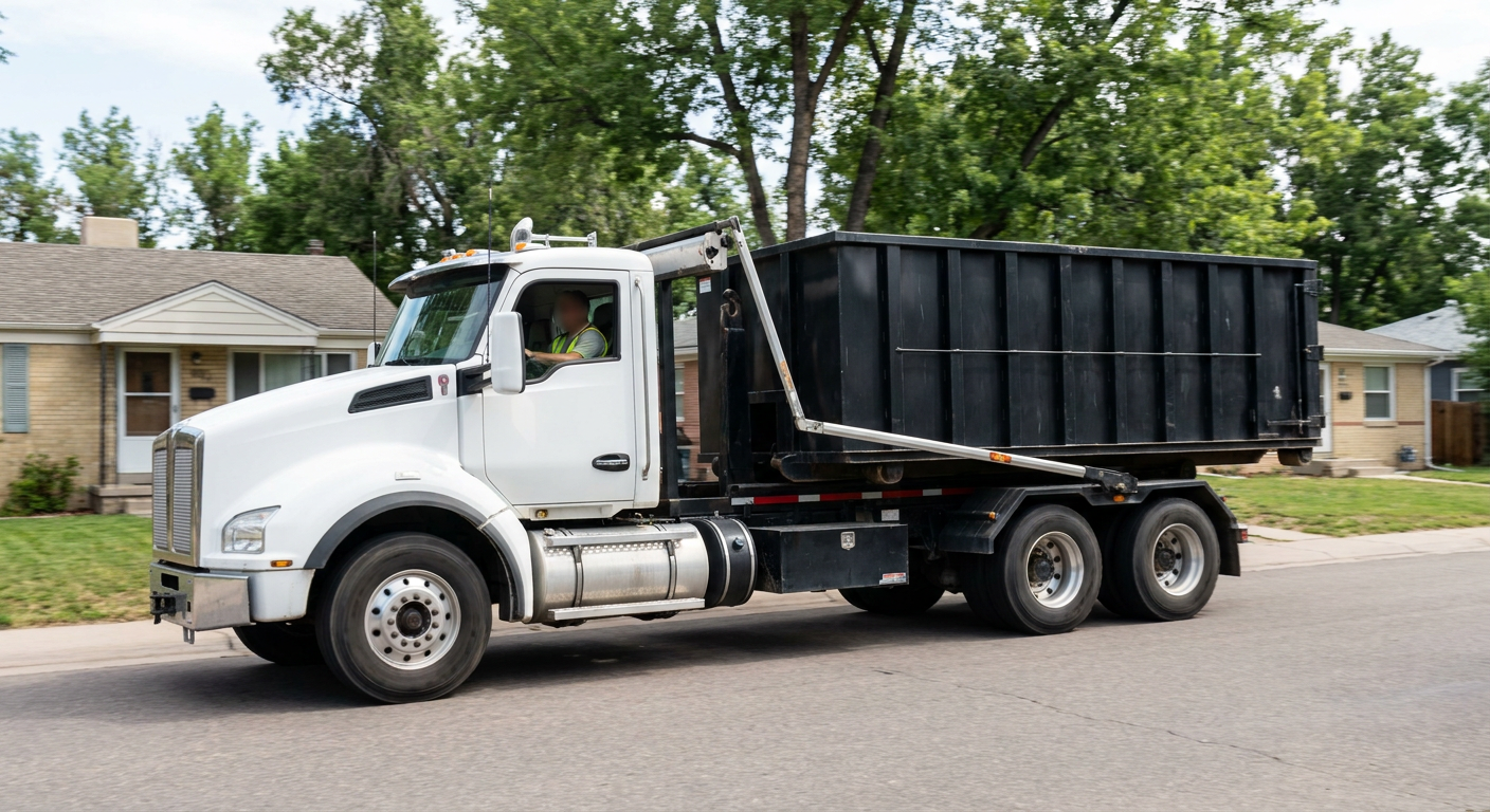 A wide documentary shot of a matte-black roll-off delivery truck pulling onto a quiet Boca Raton residential street at mid-morning, with neighborhood rooftops and tree-lined blocks visible behind, showing the metro coverage footprint.