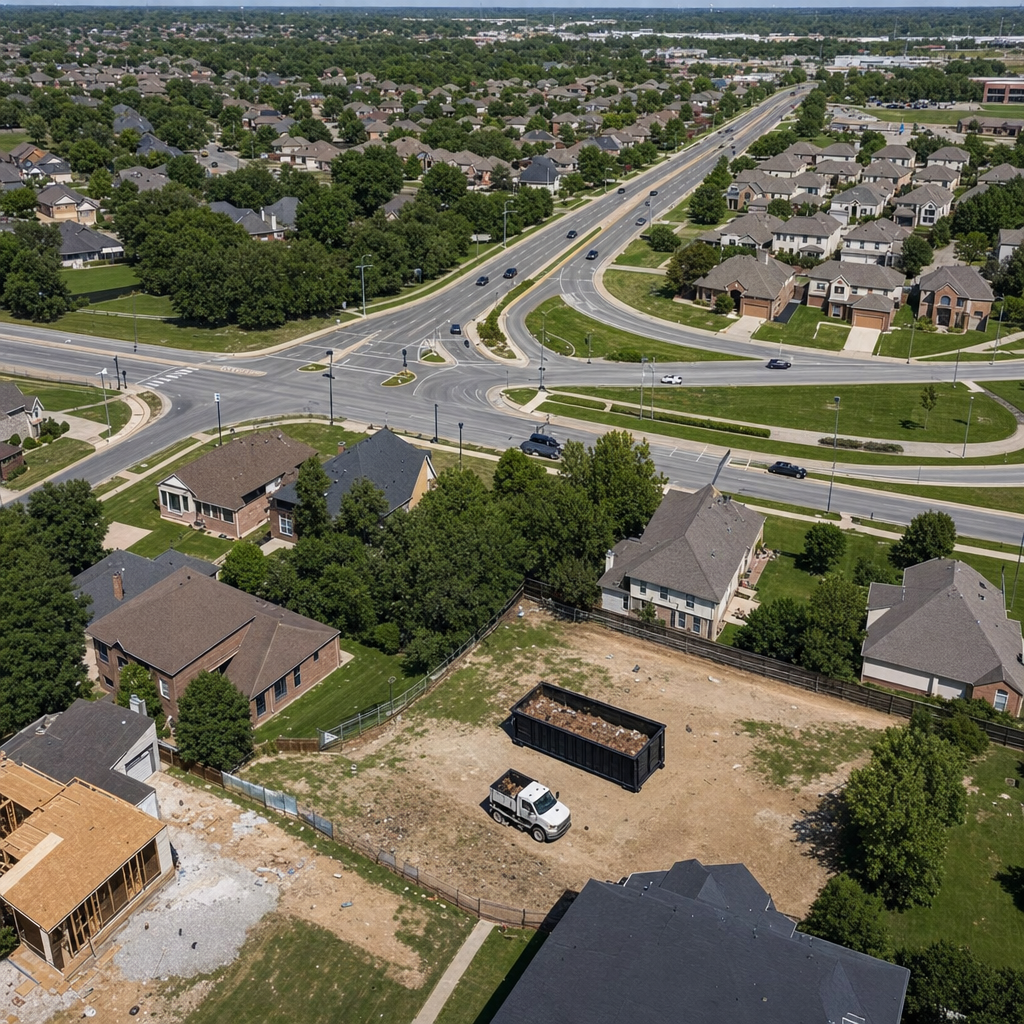 An overhead documentary view of the Boca Raton metro area at midday, showing the spread of neighborhoods, arterial roads, and the dispatch radius from a central yard — clean daylight, organized geographic layout.