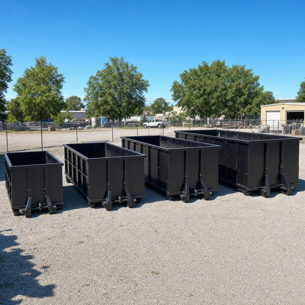 A clean lineup of matte-black roll-off dumpsters in 10, 20, 30, and 40-yard sizes staged on a sunlit gravel yard in Boca Raton, showing the size progression from compact to commercial-scale containers.