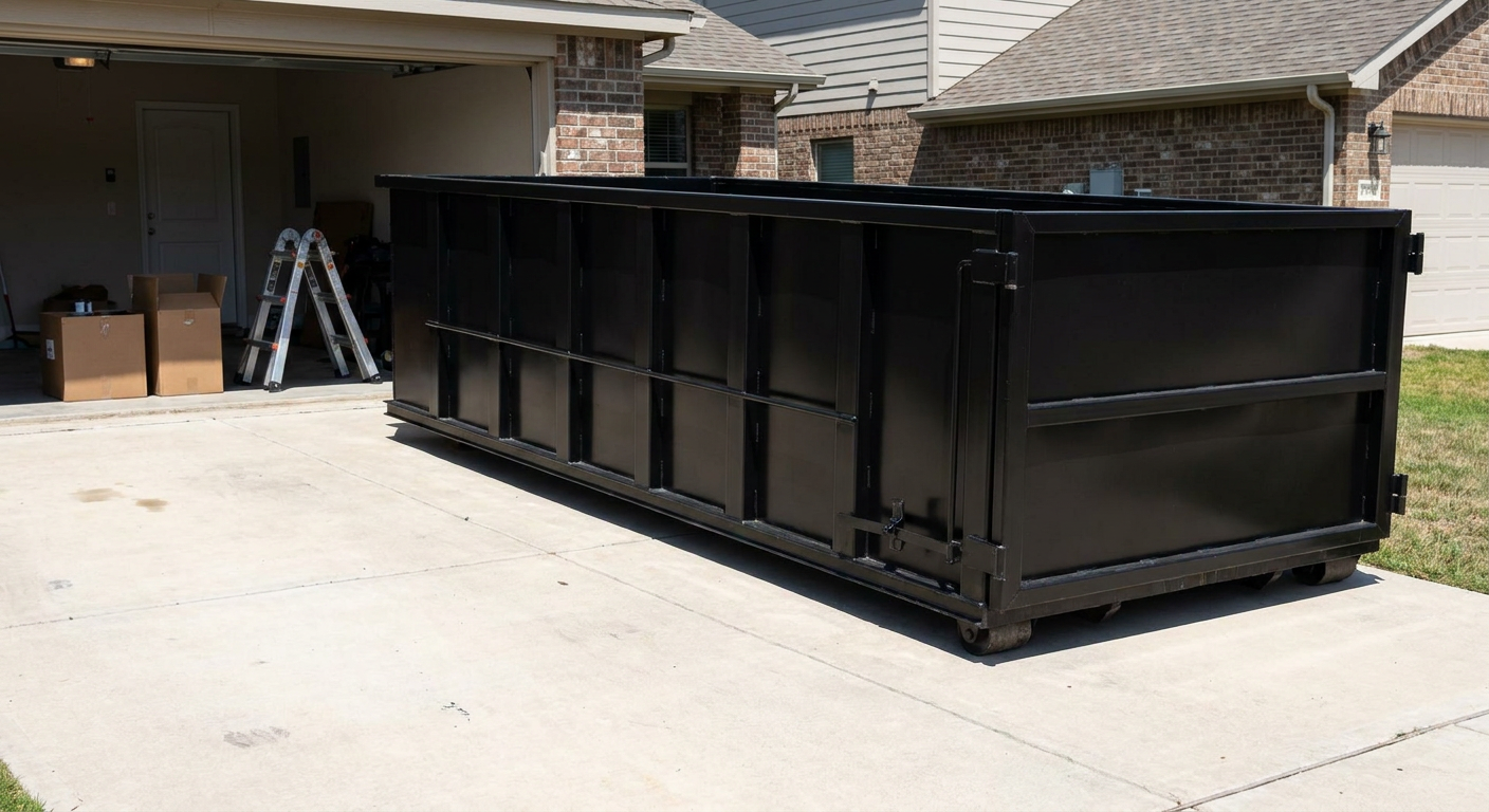 A matte-black 10-yard roll-off dumpster sitting directly on a residential Boca Raton concrete driveway, mid-day sunlight, clean and ready for a garage cleanout.