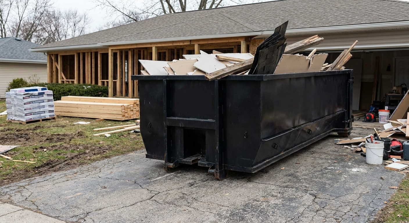 A matte-black 20-yard roll-off dumpster placed alongside a mid-renovation Boca Raton home directly on the asphalt driveway, with framing materials and torn-off shingles staged neatly nearby.