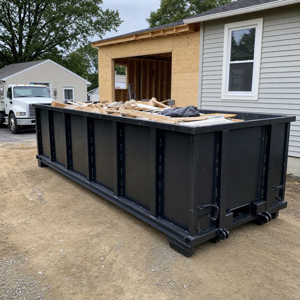 A matte-black 30-yard roll-off dumpster positioned at a Boca Raton residential addition jobsite, with framing lumber and drywall scraps loaded through the open swinging rear doors.