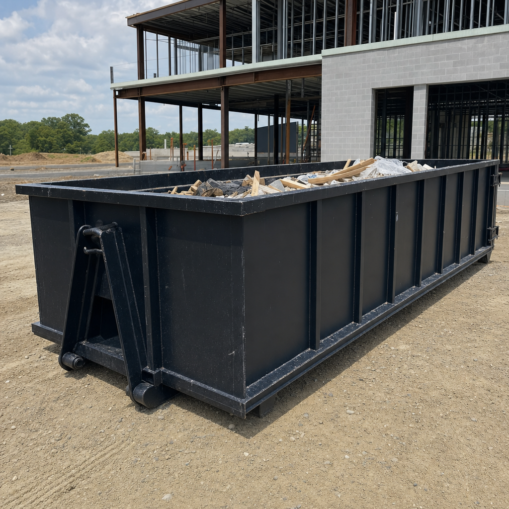 A matte-black 40-yard roll-off dumpster staged on a large Boca Raton commercial construction lot, with a hooklift delivery truck parked alongside under bright midday sky.