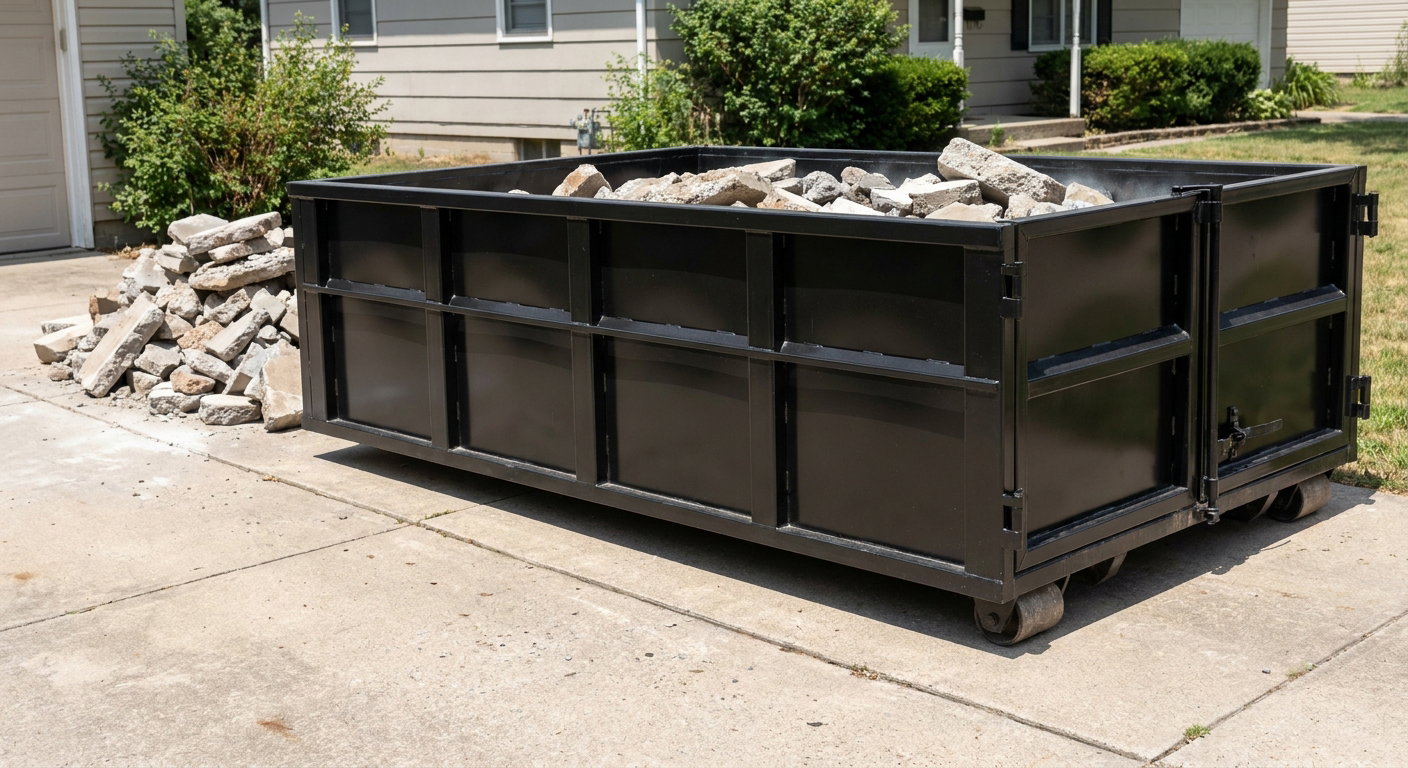 A matte-black low-side heavy-debris roll-off dumpster placed directly on a Boca Raton concrete driveway, with broken concrete chunks neatly stacked beside it under clean daylight.